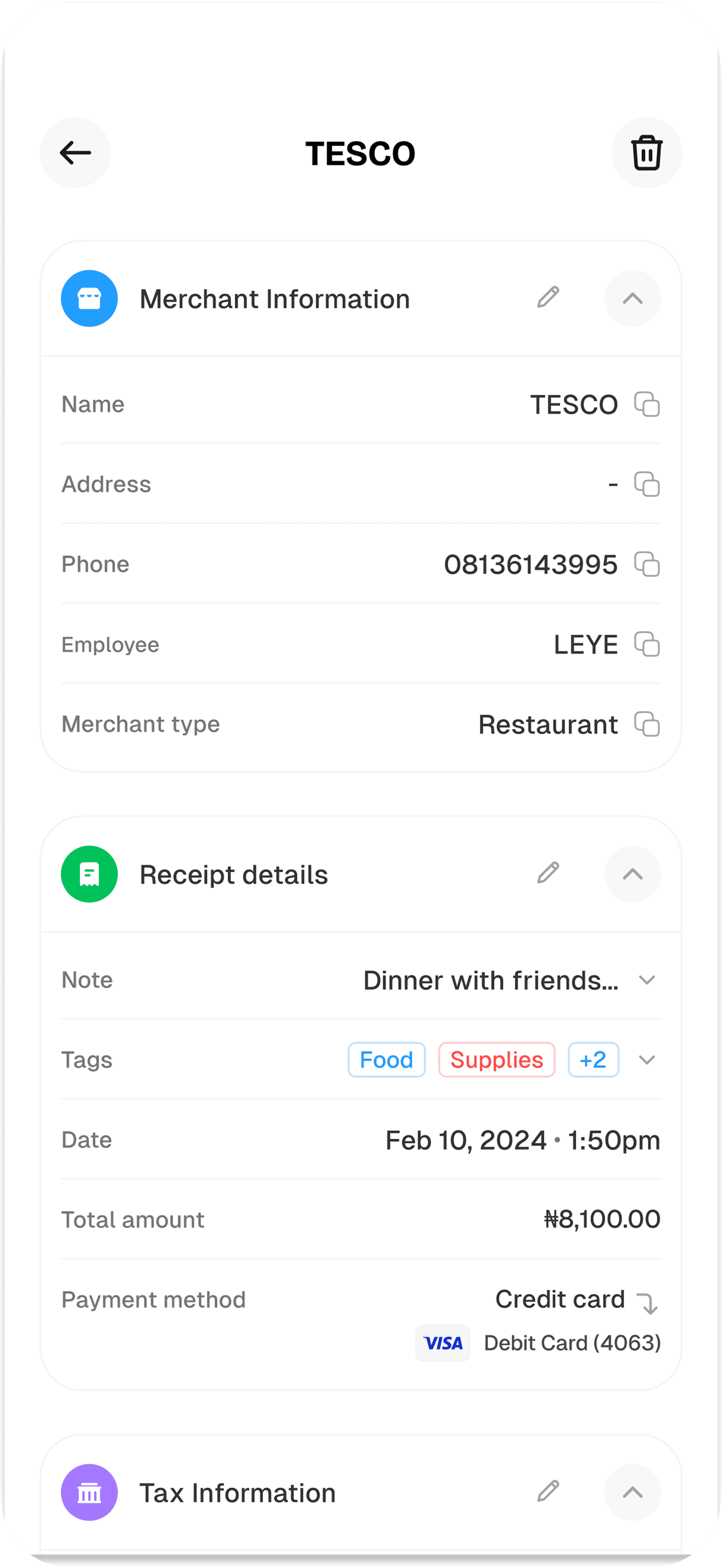 Editing merchant information and receipt details